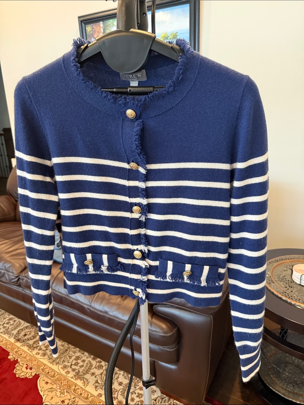 J. Crew Navy and White Striped Fringe-Trim Cardigan with Gold Buttons